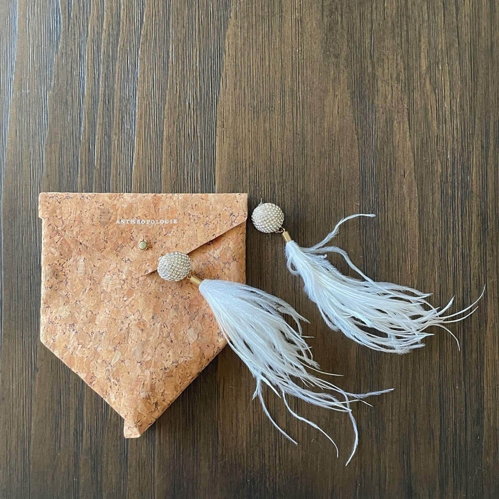 Anthropologie White Feather Tassel Drop Earrings